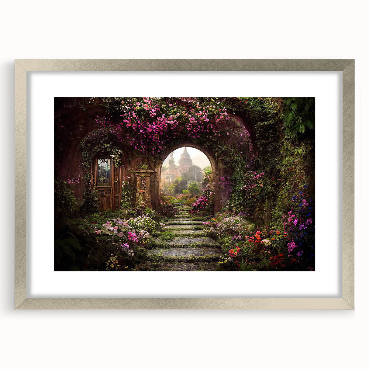 Framed wall art collection showcasing elegant landscape and garden designs with a silver mat border, ideal for enhancing home decor in living spaces.