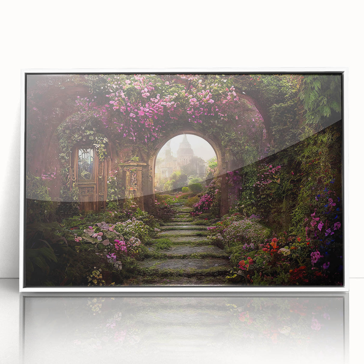 Framed acrylic wall art showcasing a vibrant landscape garden design with lush greenery and colorful flowers, presented in a sleek white frame. Ideal for home decor.