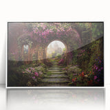 Framed acrylic wall art showcasing a vibrant landscape garden design with lush greenery and colorful flowers, presented in a sleek white frame. Ideal for home decor.