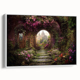 Framed canvas wall art collection showcasing a serene landscape garden scene, featuring vibrant greens and soft pastels, elegantly displayed in a white frame.