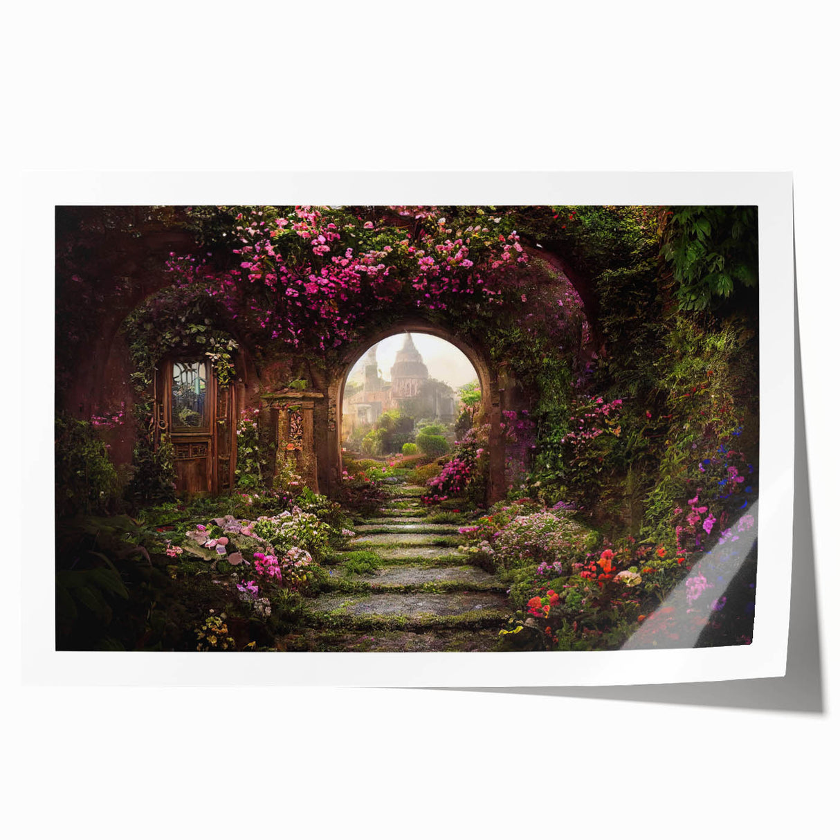 Rolled print showcasing a vibrant landscape garden design with lush greenery and colorful flowers, ideal for home decor and artistic ambiance.
