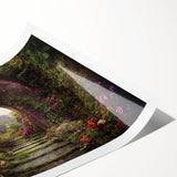 Vibrant rolled canvas print showcasing a serene landscape with lush gardens and colorful flowers, ideal for home decor and enhancing interior spaces.