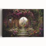 Stretched canvas wall art featuring a vibrant landscape garden design with lush greenery and colorful flowers, perfect for home decor and interior design enthusiasts.