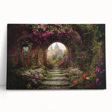 Stretched canvas artwork showcasing a vibrant landscape garden design, featuring lush greenery and colorful flowers, leaning against a neutral wall for display. Perfect for home decor.
