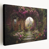 Stretched canvas wall art depicting a vibrant landscape garden design with lush greenery and colorful flowers, ideal for home decor and interior design enthusiasts.