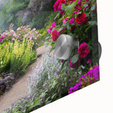 Close-up view of an acrylic glass wall art piece showcasing a vibrant landscape garden design, featuring lush greenery and colorful flowers, perfect for enhancing home decor.
