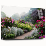 Acrylic glass wall art showcasing a vibrant landscapes and gardens design, displayed from a side view with decorative pins, perfect for modern home decor.