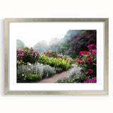 Framed wall art collection featuring vibrant landscapes and garden designs, presented in a silver frame with a mat, ideal for home decor enhancement.
