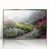 Framed acrylic wall art showcasing a serene landscape garden design, featuring vibrant colors and intricate details, perfect for home decor and interior design enthusiasts.