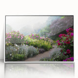 Framed acrylic wall art showcasing a vibrant landscape garden design, featuring lush greenery and colorful flowers, presented in a sleek white frame. Perfect for enhancing home decor.