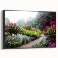 Framed canvas wall art featuring a vibrant landscape garden design with rich colors, displayed from a side view to highlight its depth and texture.