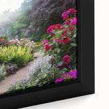 Framed canvas wall art showcasing a vibrant garden landscape design with colorful flowers and lush greenery, perfect for enhancing home decor with a touch of nature.