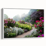 Framed canvas wall art showcasing a vibrant landscape design, featuring lush greenery and serene garden scenes, presented against a crisp white frame for a modern aesthetic. Perfect for enhancing home decor with a touch of nature-inspired elegance.
