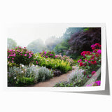 Vibrant rolled print showcasing a serene landscape garden design, featuring lush greenery and colorful flowers, perfect for enhancing home decor.
