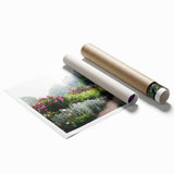 Vibrant rolled print showcasing a serene landscape garden design with lush greenery and colorful flowers, perfect for home decor. Packaged securely in a durable tube for easy transport.
