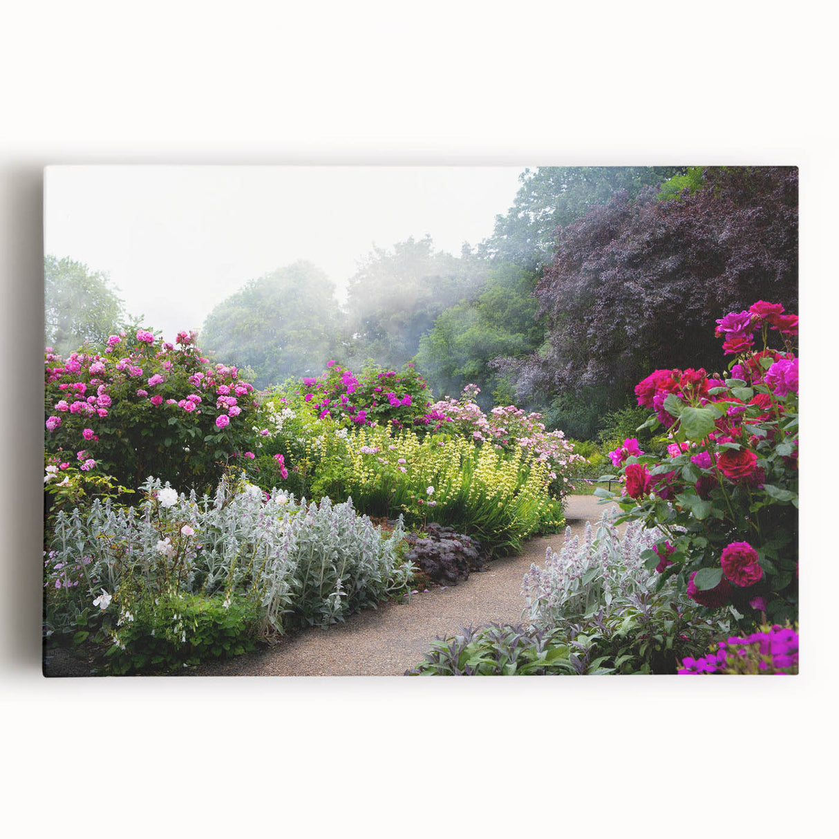 Stretched canvas wall art showcasing a vibrant landscape garden design, featuring colorful floral elements and lush greenery, perfect for home decor. Ideal for nature enthusiasts and interior design lovers.