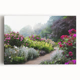 Stretched canvas wall art showcasing a vibrant landscape garden design, featuring colorful floral elements and lush greenery, perfect for home decor. Ideal for nature enthusiasts and interior design lovers.