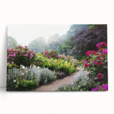 Stretched canvas wall art collection showcasing vibrant landscapes and garden designs, leaning against a wall, perfect for home decor and aesthetic enhancement.