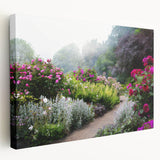 Stretched canvas wall art showcasing a vibrant landscape garden design with rich greens and floral accents, ideal for home décor and nature enthusiasts.