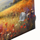 Close-up of a vibrant landscape wall art design featuring lush greenery and colorful flowers, printed on acrylic glass for a modern decor aesthetic, ideal for enhancing home or office spaces.