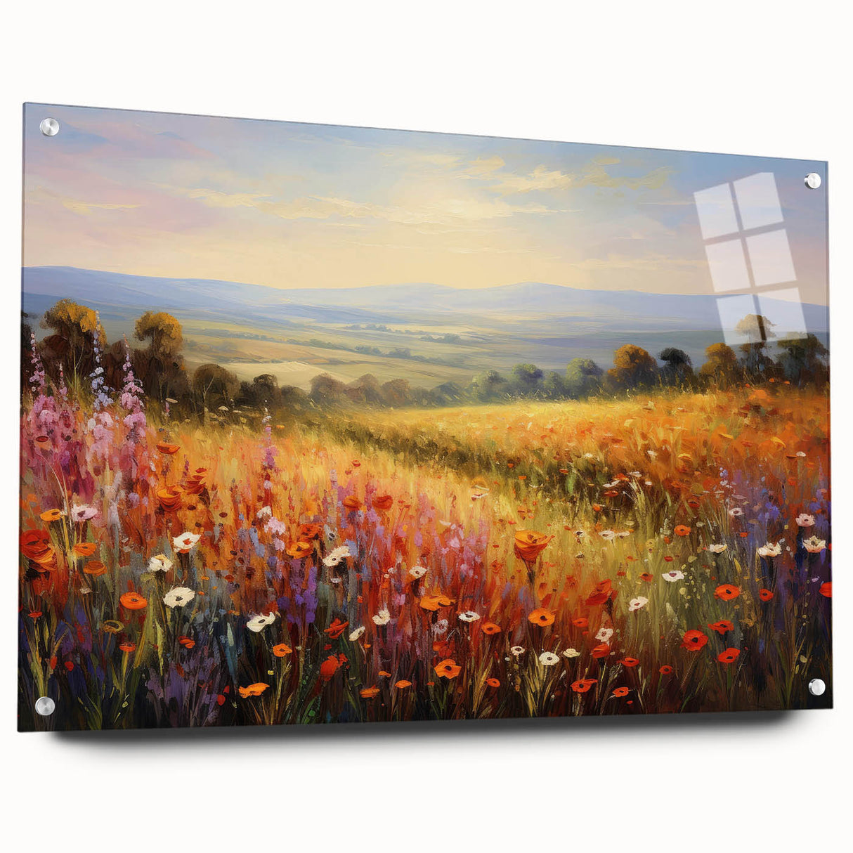 Acrylic glass wall art collection showcasing vibrant landscape and garden designs, displayed from a side view with decorative pins, perfect for home decor.