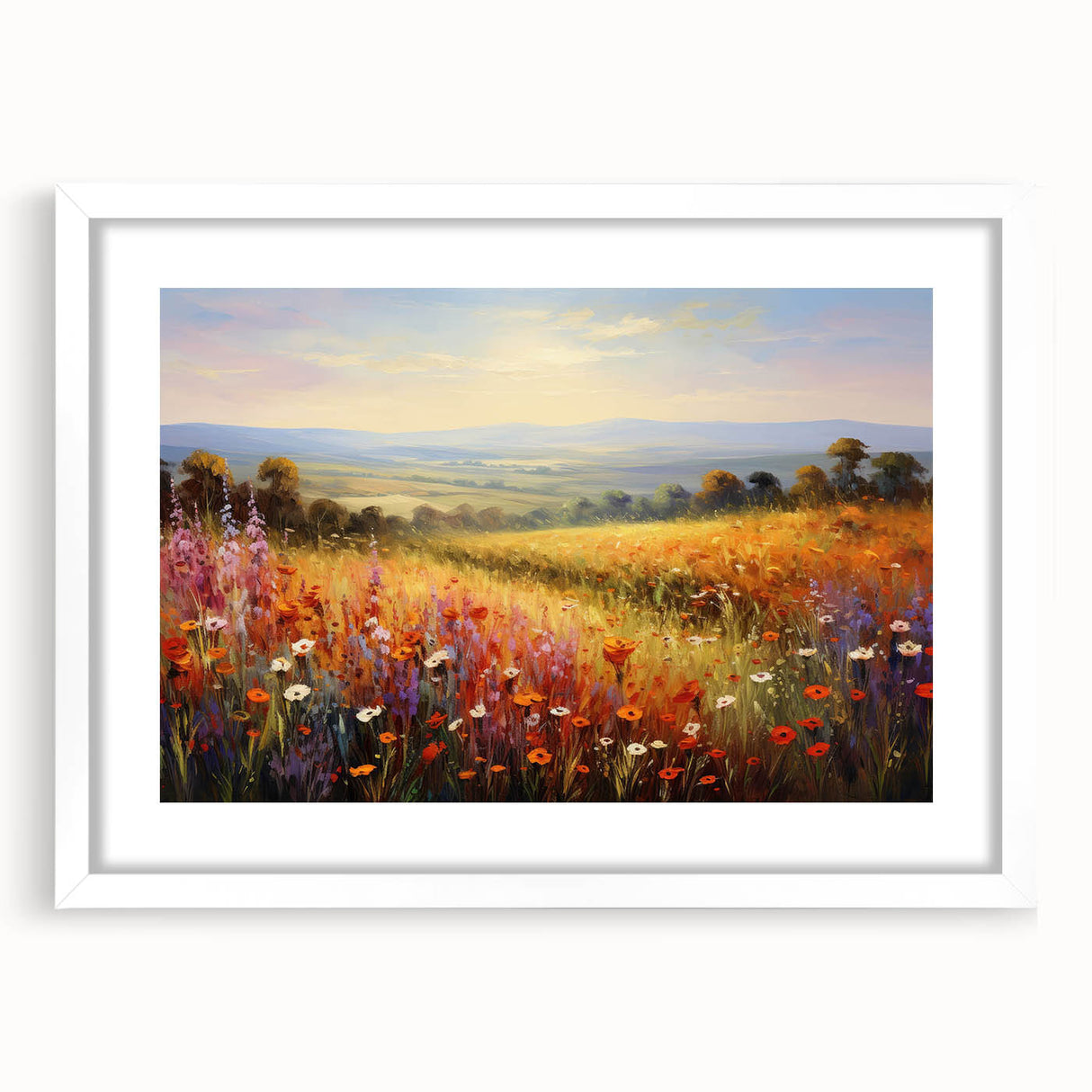 Framed wall art collection featuring a modern landscape garden design with a white mat, ideal for home decor, showcasing vibrant colors and intricate details.