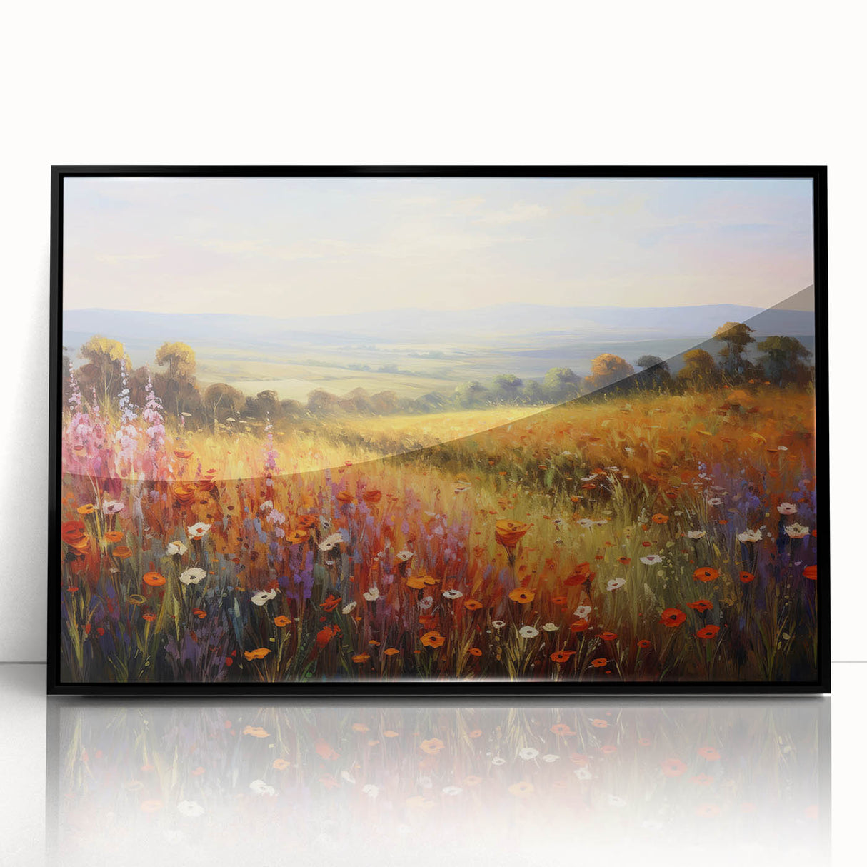 Framed acrylic wall art collection showcasing vibrant landscape and garden designs in a sleek black frame, perfect for enhancing home decor.