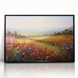 Framed acrylic wall art collection showcasing vibrant landscape and garden designs in a sleek black frame, perfect for enhancing home decor.