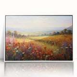 Framed acrylic wall art showcasing a vibrant landscape garden design, featuring lush greenery and colorful flowers, set against a clean white background.