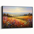 Framed canvas wall art showcasing a vibrant landscape garden design, featuring rich greens and florals, perfect for home decor or office enhancement.