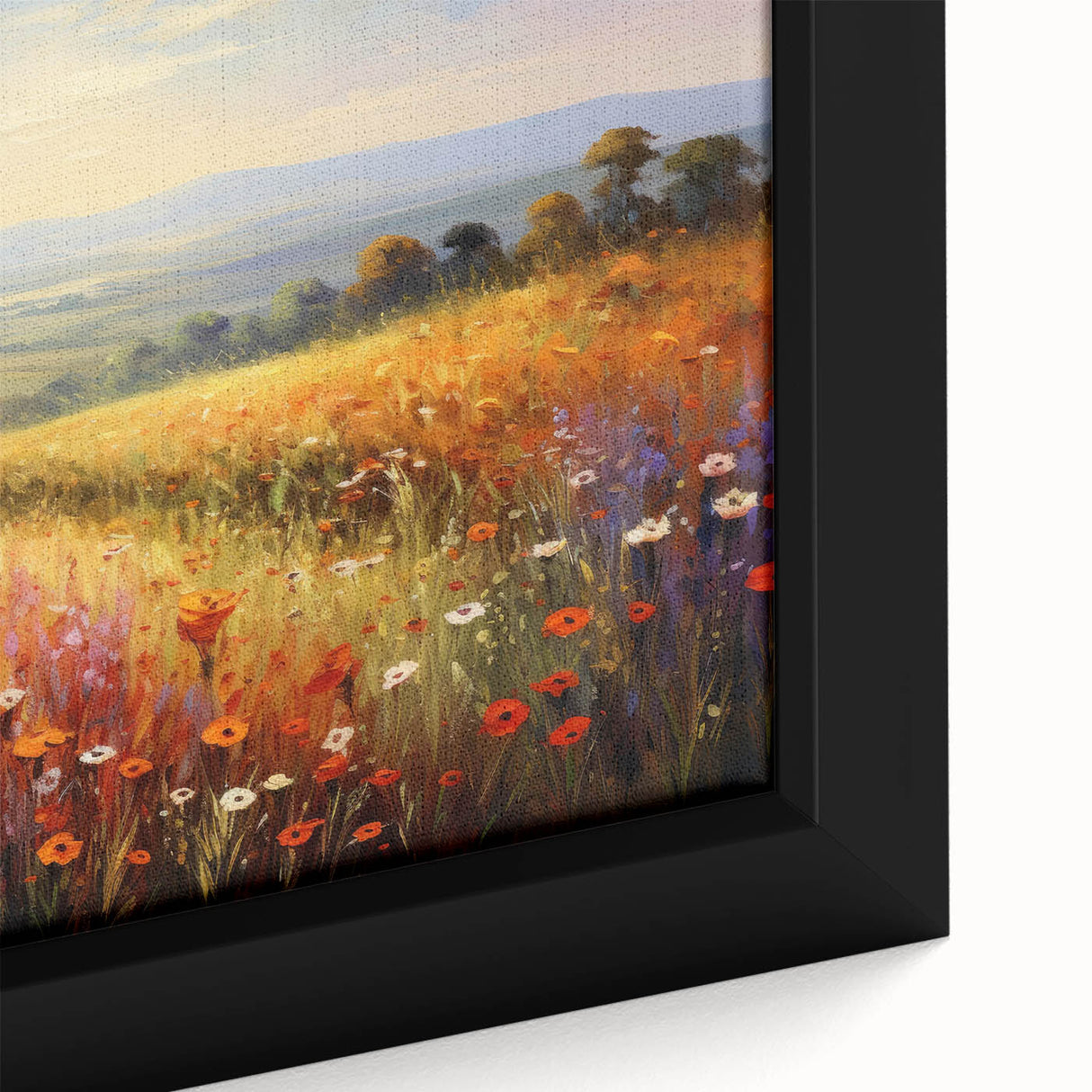 Framed canvas close-up of a vibrant garden landscape wall art design featuring lush greenery, colorful flowers, and intricate details, enhancing home decor aesthetics.