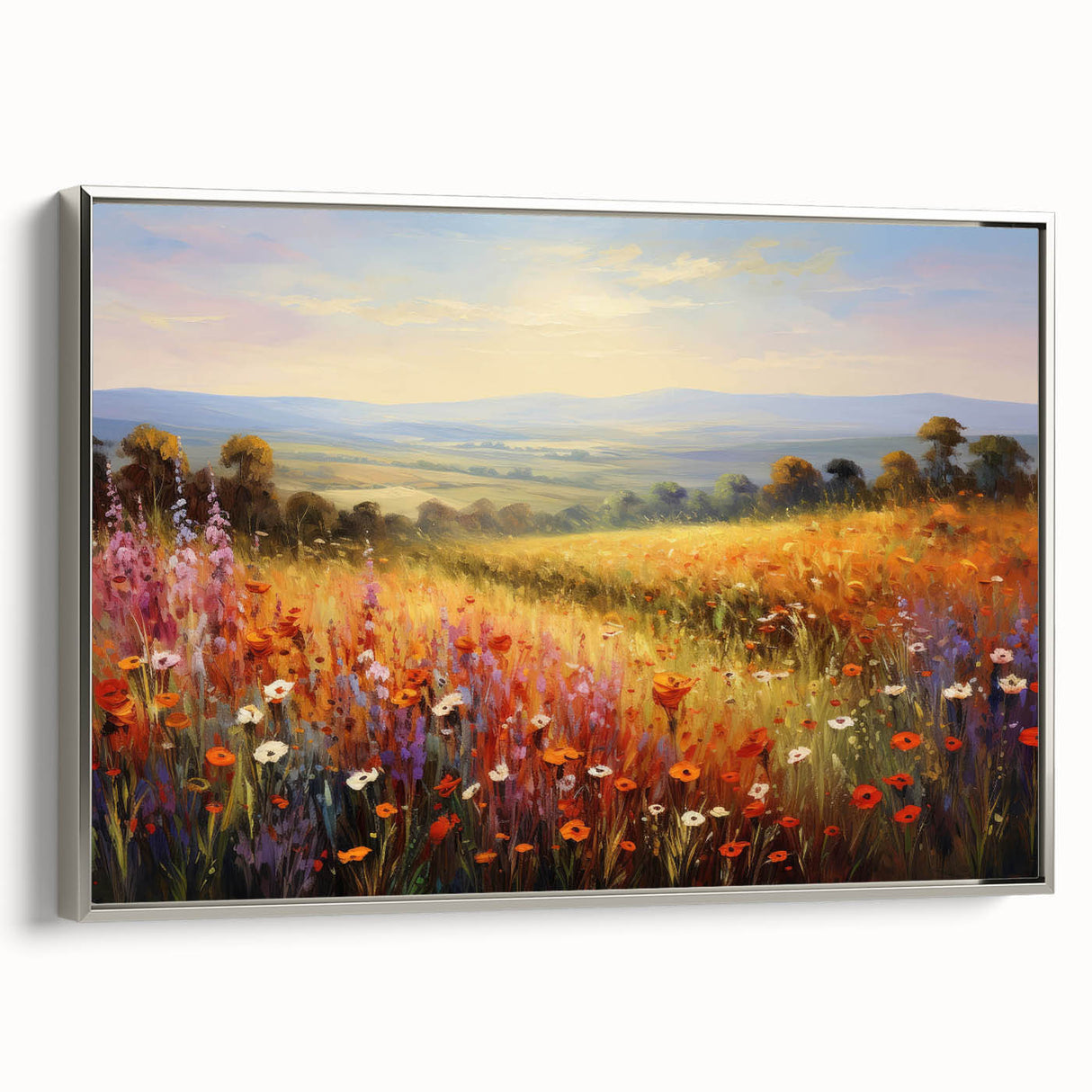 Framed canvas featuring a serene landscape garden design with vibrant colors and intricate details, highlighting nature's beauty, displayed against a silver frame side view.