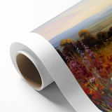 Rolled canvas showcasing a vibrant landscape garden design with lush greenery and colorful flowers, elegantly packaged in a protective cardboard tube. Perfect for home decor.