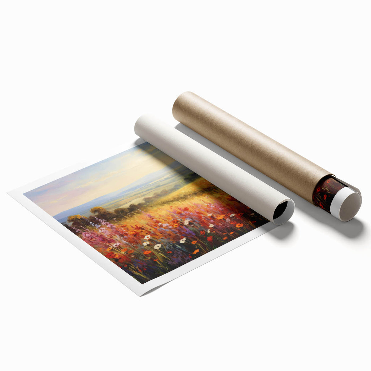 Vibrant rolled print of a serene landscape garden design, showcasing lush greenery and colorful flowers, ideal for home decor and wall art enthusiasts.