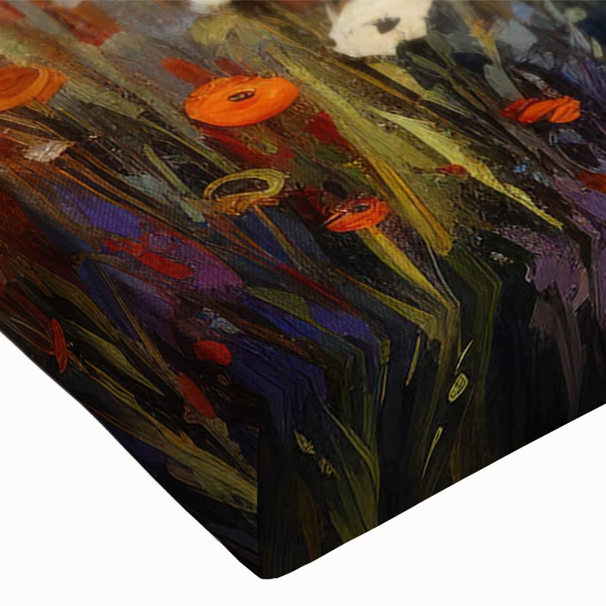 Close-up of a vibrant stretched canvas featuring a lush garden landscape design, showcasing rich greens and colorful floral elements, ideal for home decor.