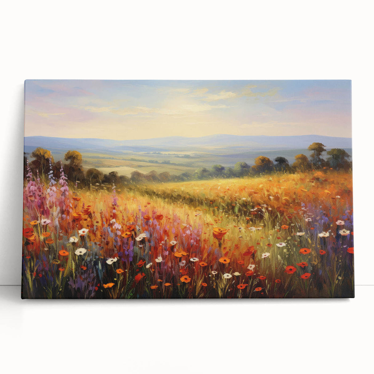 Stretched canvas artwork showcasing a vibrant landscape garden design, featuring lush greenery and rich colors, perfect for enhancing home decor aesthetics.