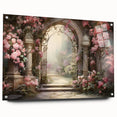 Acrylic glass wall art collection showcasing vibrant landscapes and gardens design, displayed in a side view with decorative pins for mounting.