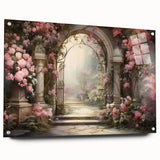 Acrylic glass wall art collection showcasing vibrant landscapes and gardens design, displayed in a side view with decorative pins for mounting.