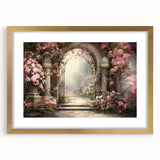 Elegant gold-framed wall art showcasing a vibrant landscape garden design, featuring lush greenery and colorful flowers, perfect for home decor enhancement.