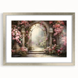 Elegant silver-framed wall art featuring a serene landscape design with lush gardens, perfect for home decor, showcasing intricate details and vibrant colors.