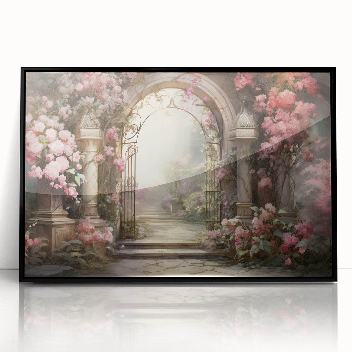 Framed acrylic wall art featuring a vibrant landscape garden design, showcasing lush greenery and colorful flowers, set against a sleek black frame for modern decor.