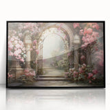 Framed acrylic wall art featuring a vibrant landscape garden design, showcasing lush greenery and colorful flowers, set against a sleek black frame for modern decor.