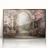 Framed acrylic wall art showcasing a vibrant landscape garden design with golden accents, ideal for home decor and enhancing interior aesthetics.