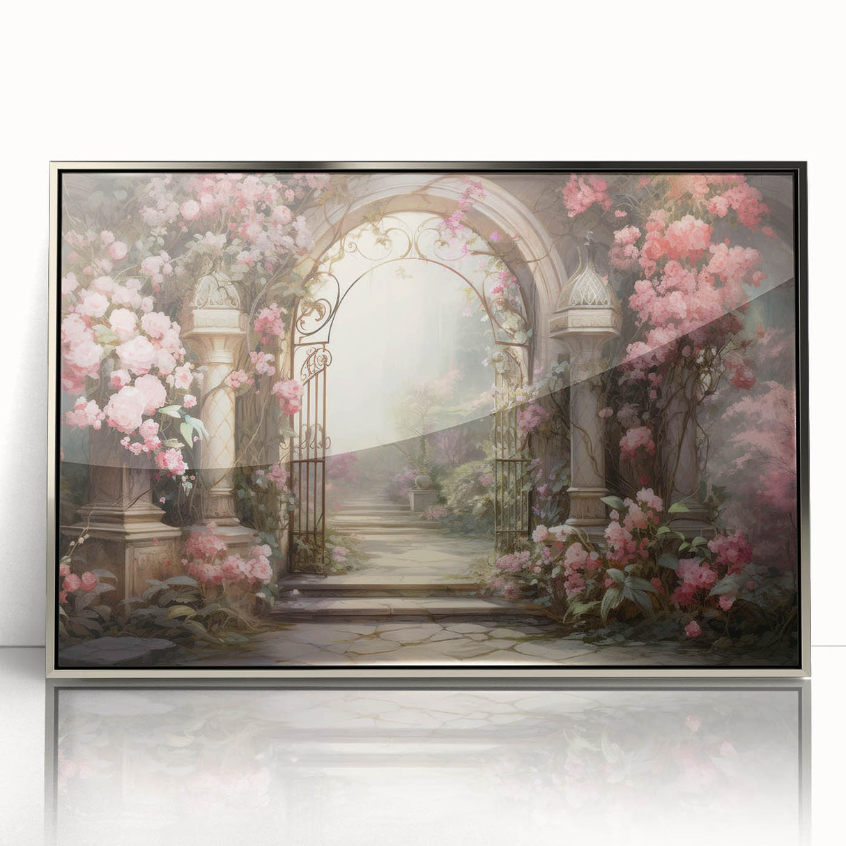 Framed wall art collection showcasing a serene landscape garden design with vibrant colors, featuring a silver-acrylic frame that enhances its elegance.