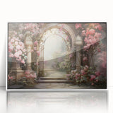 Framed acrylic wall art showcasing a vibrant landscape and garden design, featuring lush greenery and colorful flowers, displayed against a clean white background.