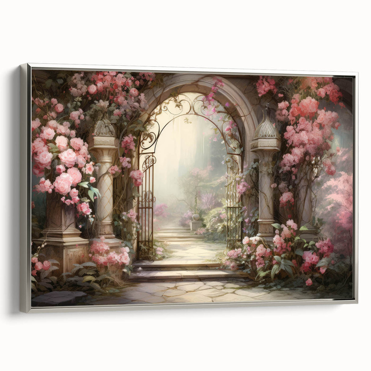 Framed canvas wall art showcasing a serene landscape garden design with vibrant colors and intricate details, featuring a stylish silver frame, ideal for home decor.