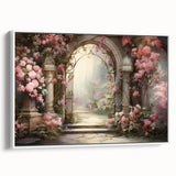 Framed canvas artwork showcasing a serene garden landscape design with vibrant colors, displayed against a white background for a modern aesthetic, perfect for home decor.