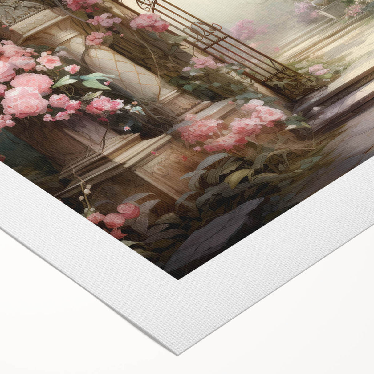 Rolled canvas artwork showcasing a vibrant landscape garden design with lush greenery and colorful flowers, perfect for enhancing home decor or office spaces.