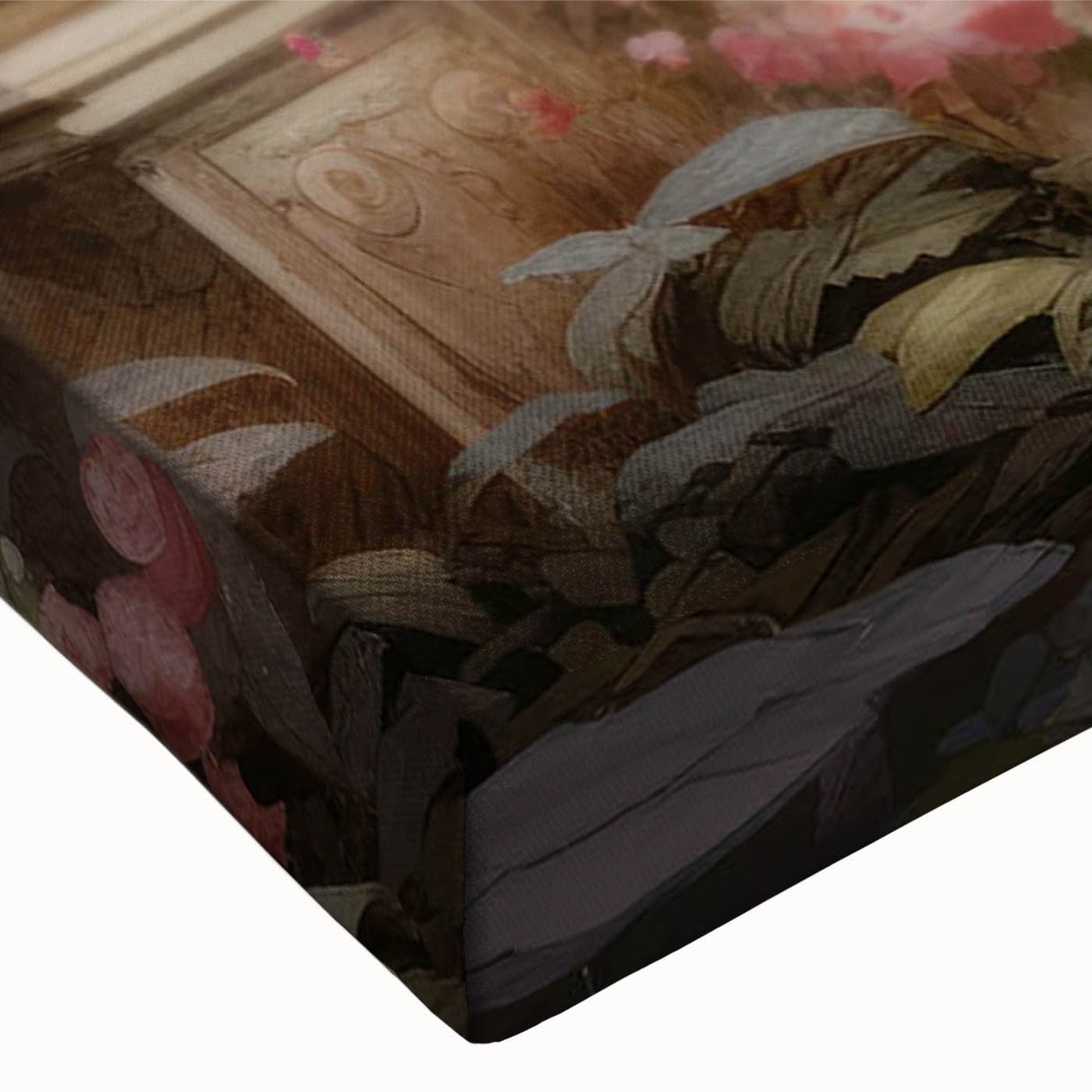 Close-up of a stretched canvas wall art piece showcasing a vibrant landscape garden design with rich colors and intricate details, perfect for home decor.