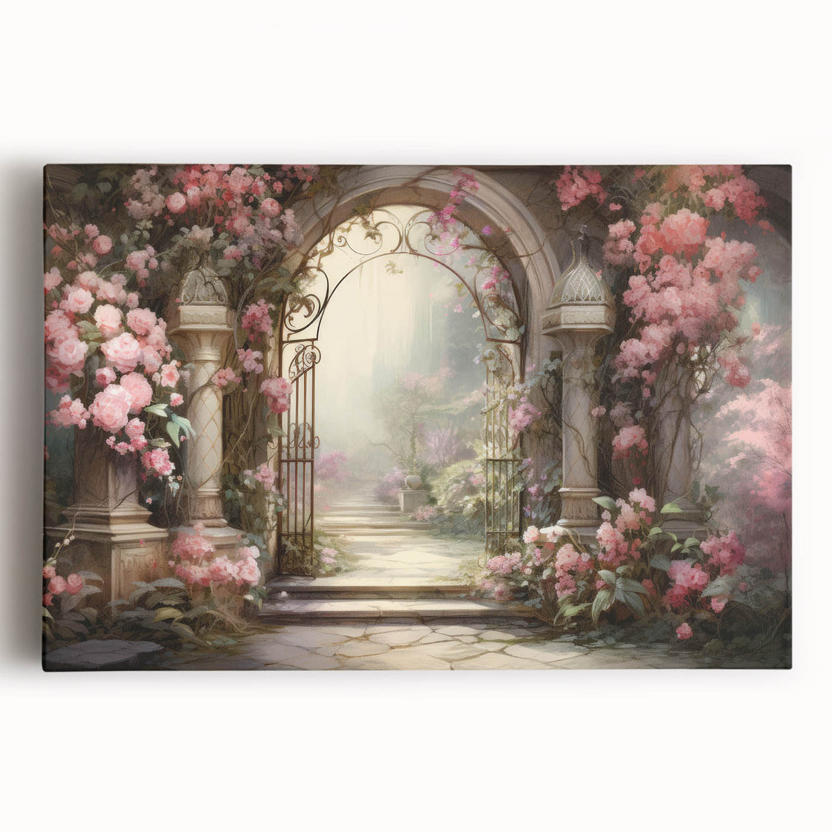 Stretched canvas wall art showcasing a vibrant landscape garden design with lush greenery and colorful flowers, perfect for home decor enhancement.